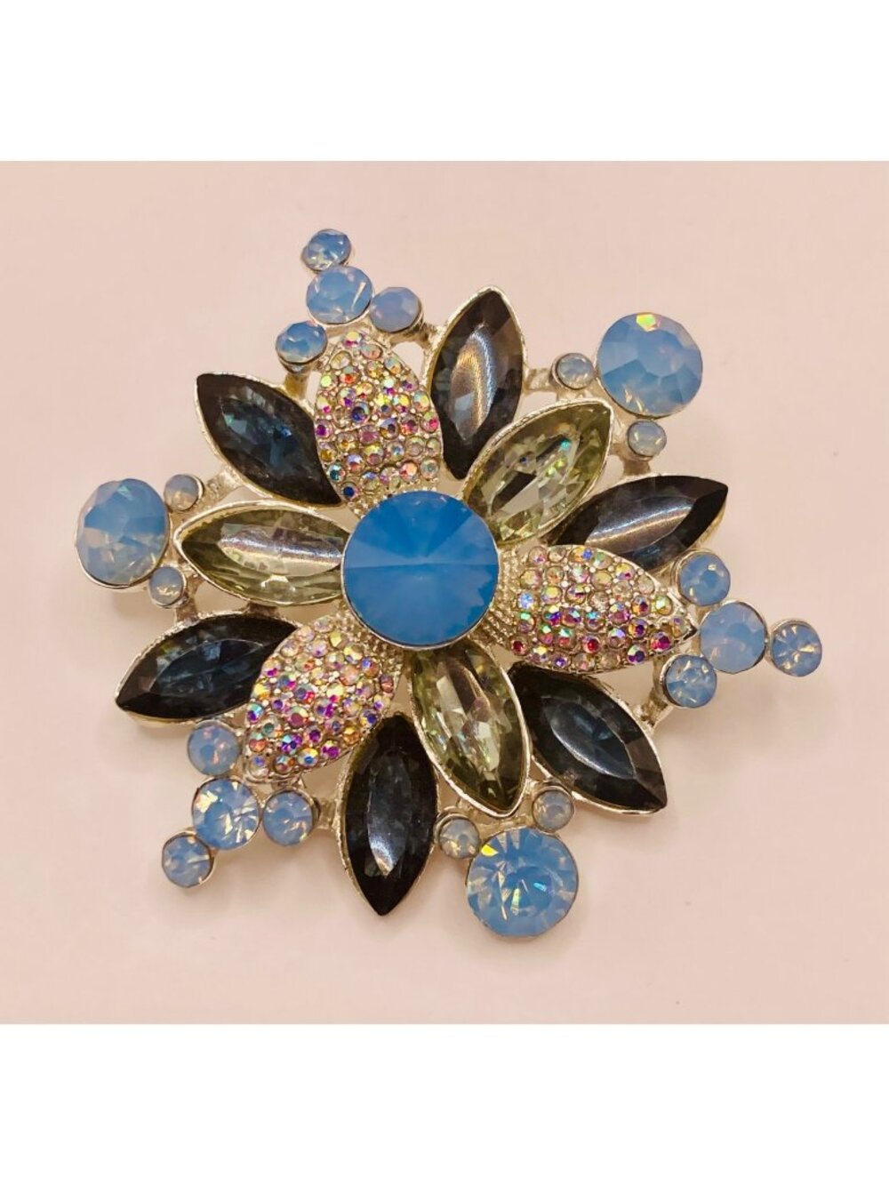 Signed Vintage Anne Klein Blue Crystal Flower Brooch Pin -38B